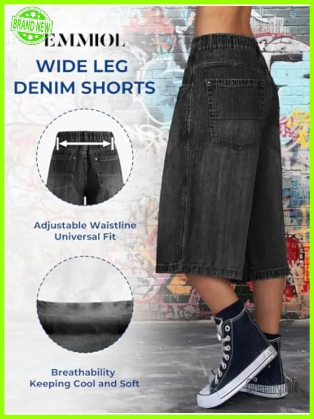 EMMIOL Baggy Jorts Wide Leg Denim Shorts Mid Rise Knee Length